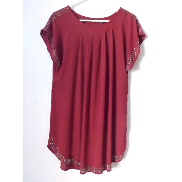 Poetry Pink Shift Pleated Tunic Dress Women size Small Studs Accent Short Sleeve - Picture 6 of 13